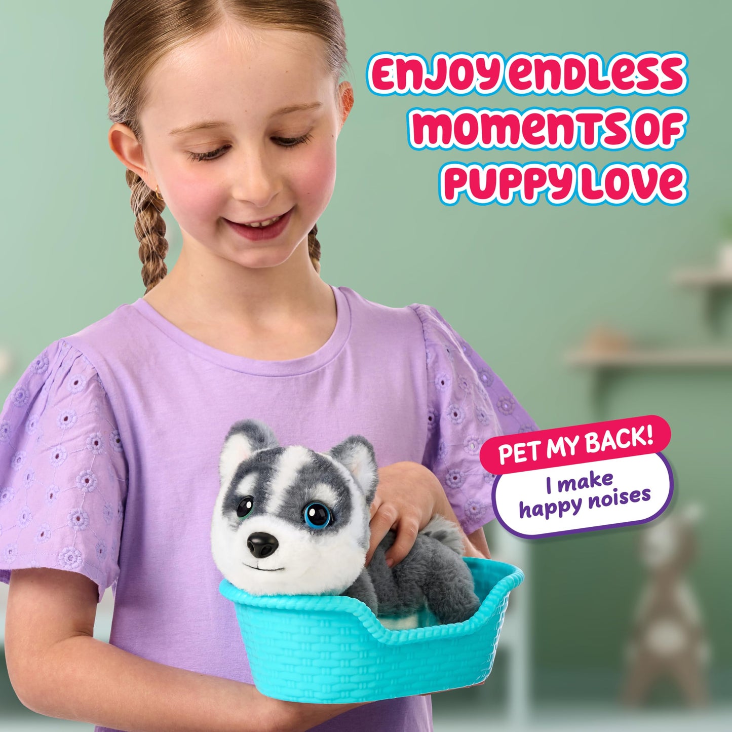 Little Live Pets My Really Real Puppy Mini Aurora The Husky, Interactive Plush Toy with Display Basket, 20+ Sounds and Reactions, Puppy Toys for Kids