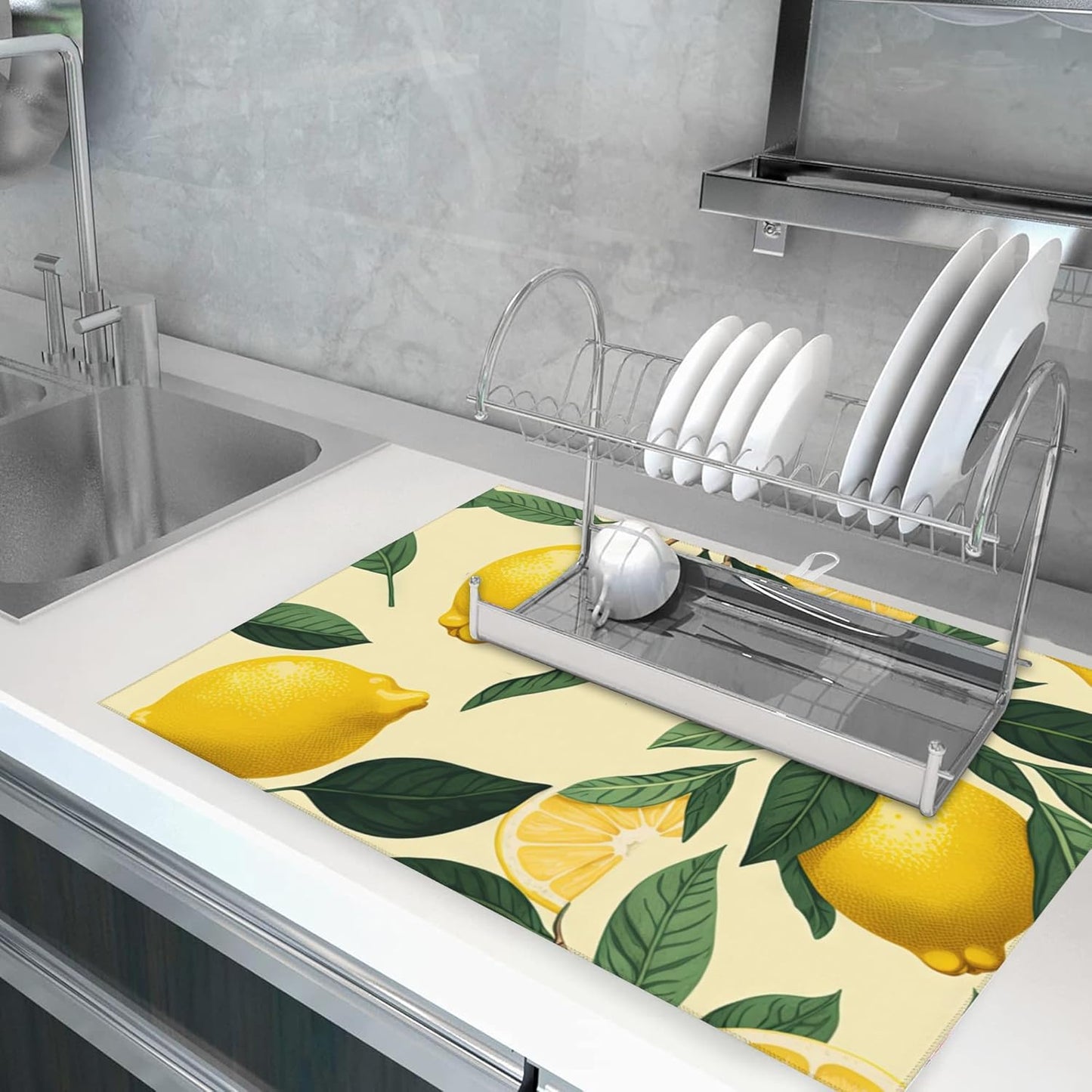 Large Dish Drying Mat for Kitchen Counter,18"X24" Lemons and Green Leaves Absorbent Reversible Microfiber Dish Drying Mat Dish Drainer Mat,Dishes Mat Drying Pad for Kitchen Countertop Coffee Bar