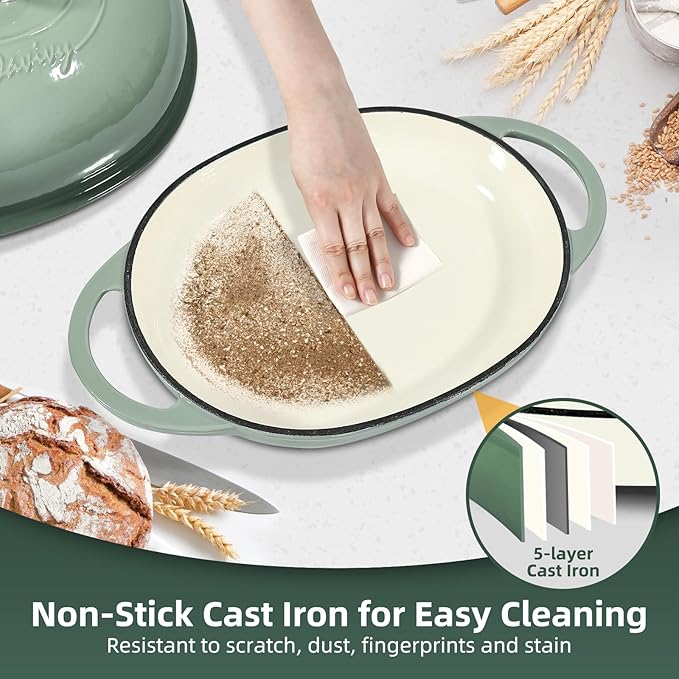 Davivy 6QT Oval Cast Iron Bread Oven with Domed Lid, Dutch Oven for Sourdough Bread, 6QT Bread Cloche Dutch Oven Sourdough Baking Pan with Lid - Sea Salt Green