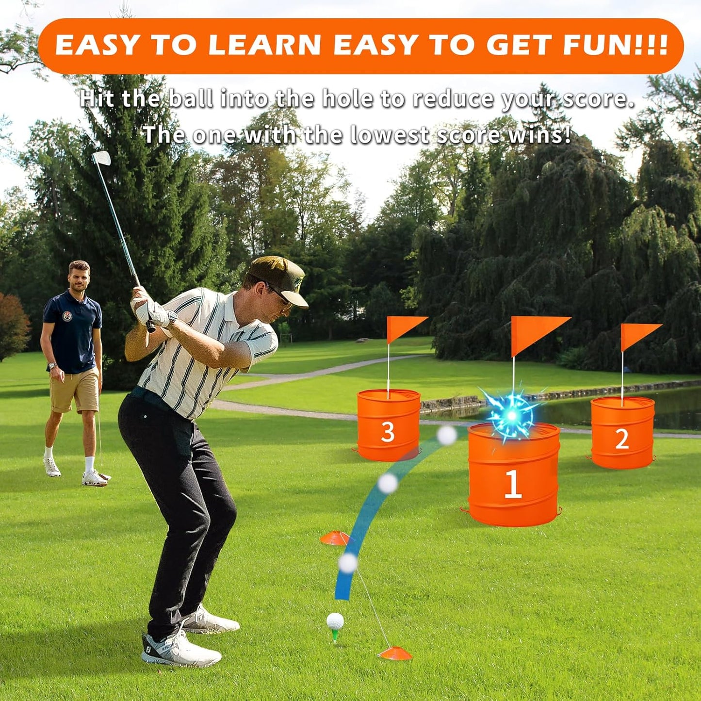 Orange 3PCS Backyard Golf Game, Set with:3Pop-Up Holes + 3 Flags + 6 Tee Boxes + 3 Game Balls + 1 Carrying Bag + 3 Connecting Ropes + 1 Scoreboard + 2 Clubs + 3 Golf Balls + 1 Manual,Outdoor