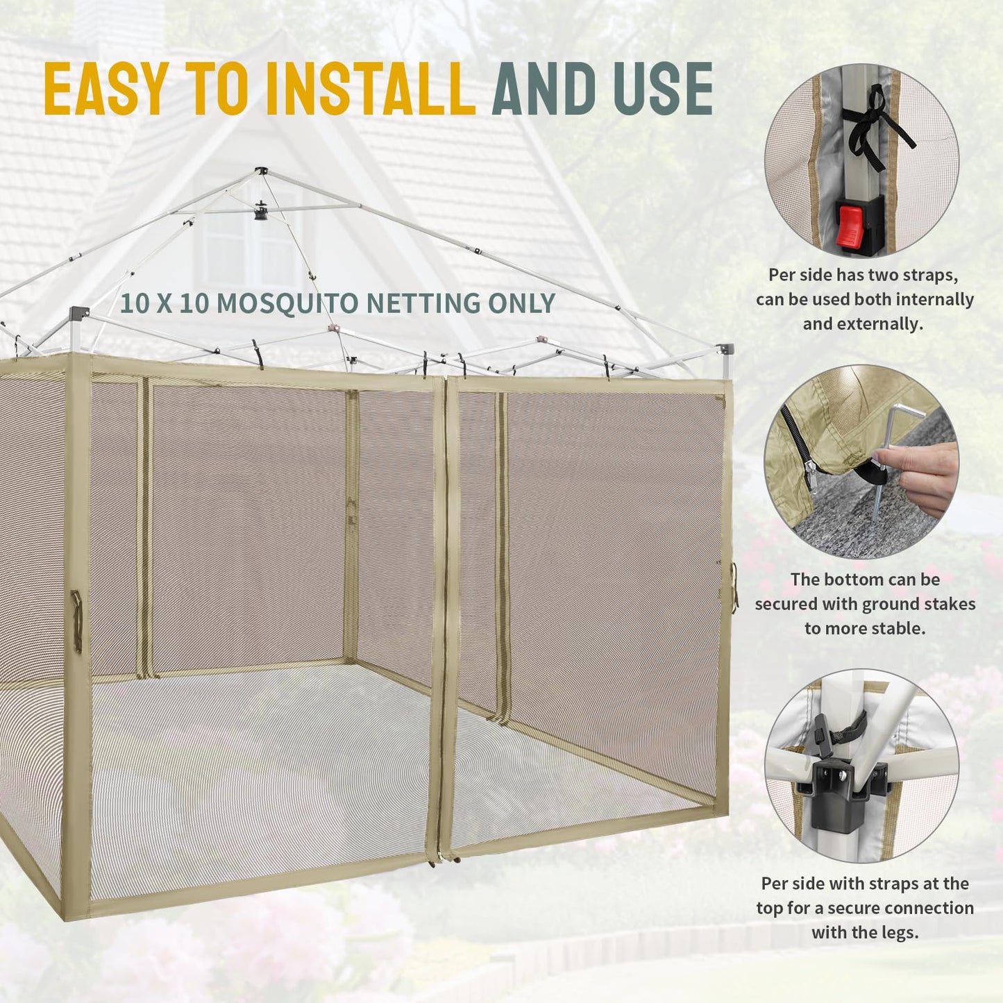 CROWN SHADES Gazebo Mosquito Net Only for 10 x 10 Pop Up Canopy - Patio Gazebo Replacement Mesh Sidewall with Zipper for Outdoor Tent, Garden and Backyard (4-Piece,Khaki)