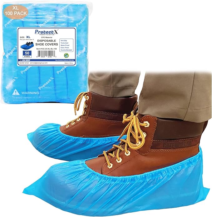 ProtectX Disposable Shoe & Boot Covers, XL Extra Large, 100-pack (50 pairs), Waterproof, Slip Resistant, Durable CPE plastic, Fits up to Men’s 14 US Size and All Women’s US Size Shoes