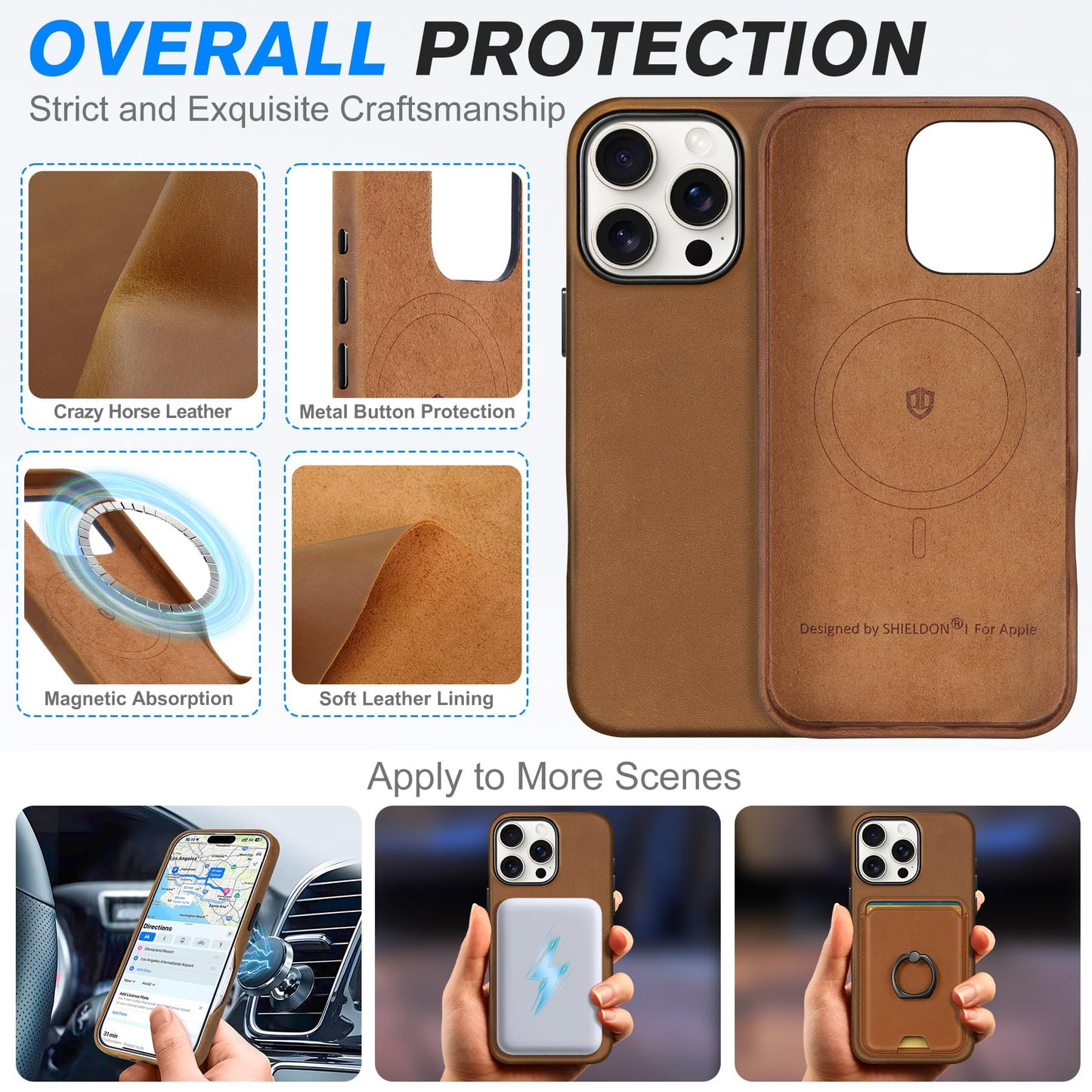 Shieldon Crazy Horse Leather Magnetic Wireless Charging Slim Non-Slip Shock-Absorbent Cover With Metal Buttons Compatible With I