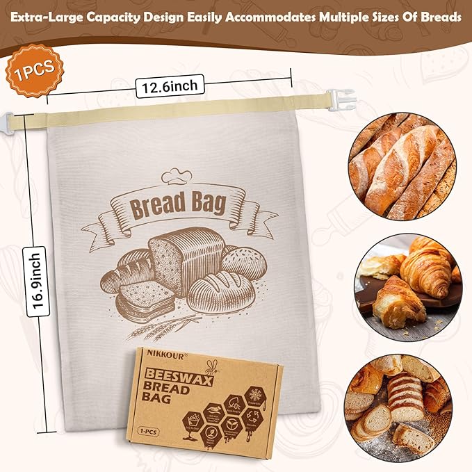 Cotton Beeswax Bread Bag Reusable Double-Lock Freezer Safe for Homemade Sourdough Bread Food Storage Gifts for Sourdough Bakers (Pattern 2 1PCS)