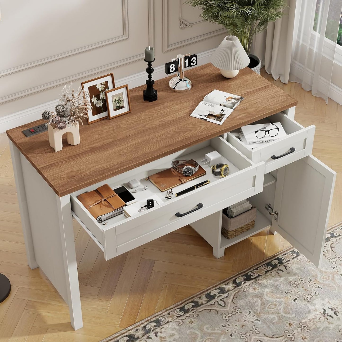 Farmhouse 47" Executive Desk, Computer Desk with Drawers and Storage Cabinet, Workstation Computer Desk for Home Office and Study.(Unique White)