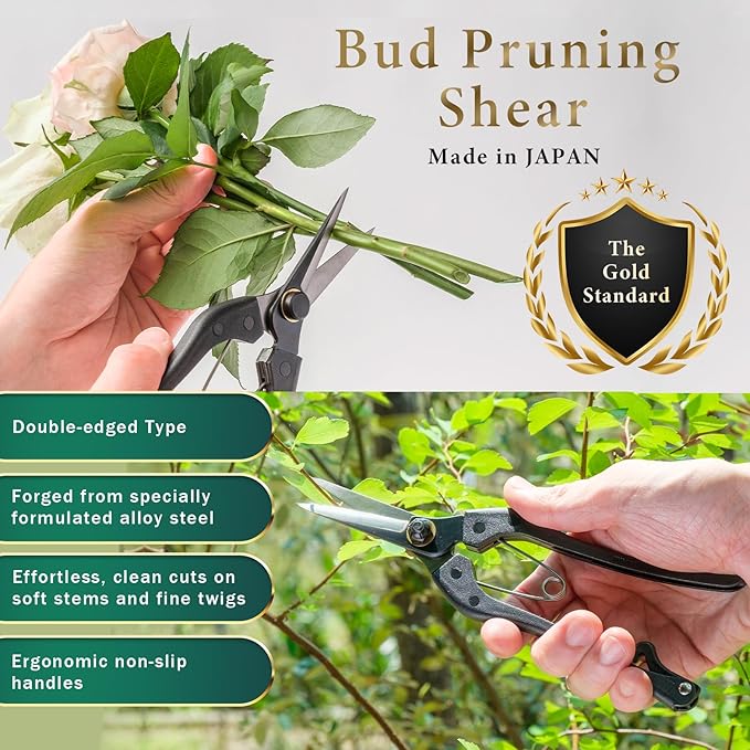 Japanese-Made Bud Cutting Pruning Shears for Gardening, Precision Hand Pruner for Live Branches & Stems, Clean Cut Pruning Scissors for Bonsai, Flowers & Plants (Double-blade)