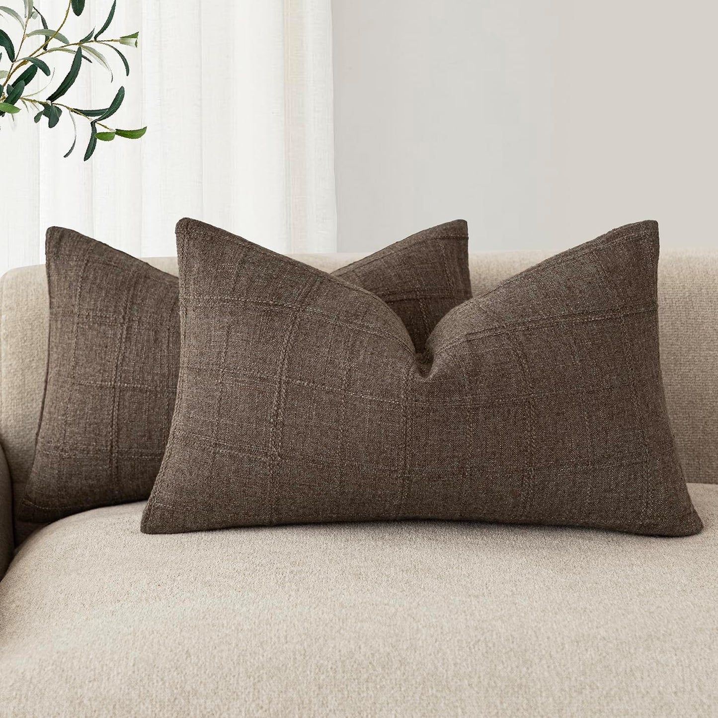 Foindtower Set of 2 Decorative Linen Check Throw Pillow Covers Neutral Farmhouse Lumbar Cushion Covers Modern Boho Home Decor for Sofa Chair Couch Bedroom Living Room Outdoor,12×20 Inch,Dark Brown