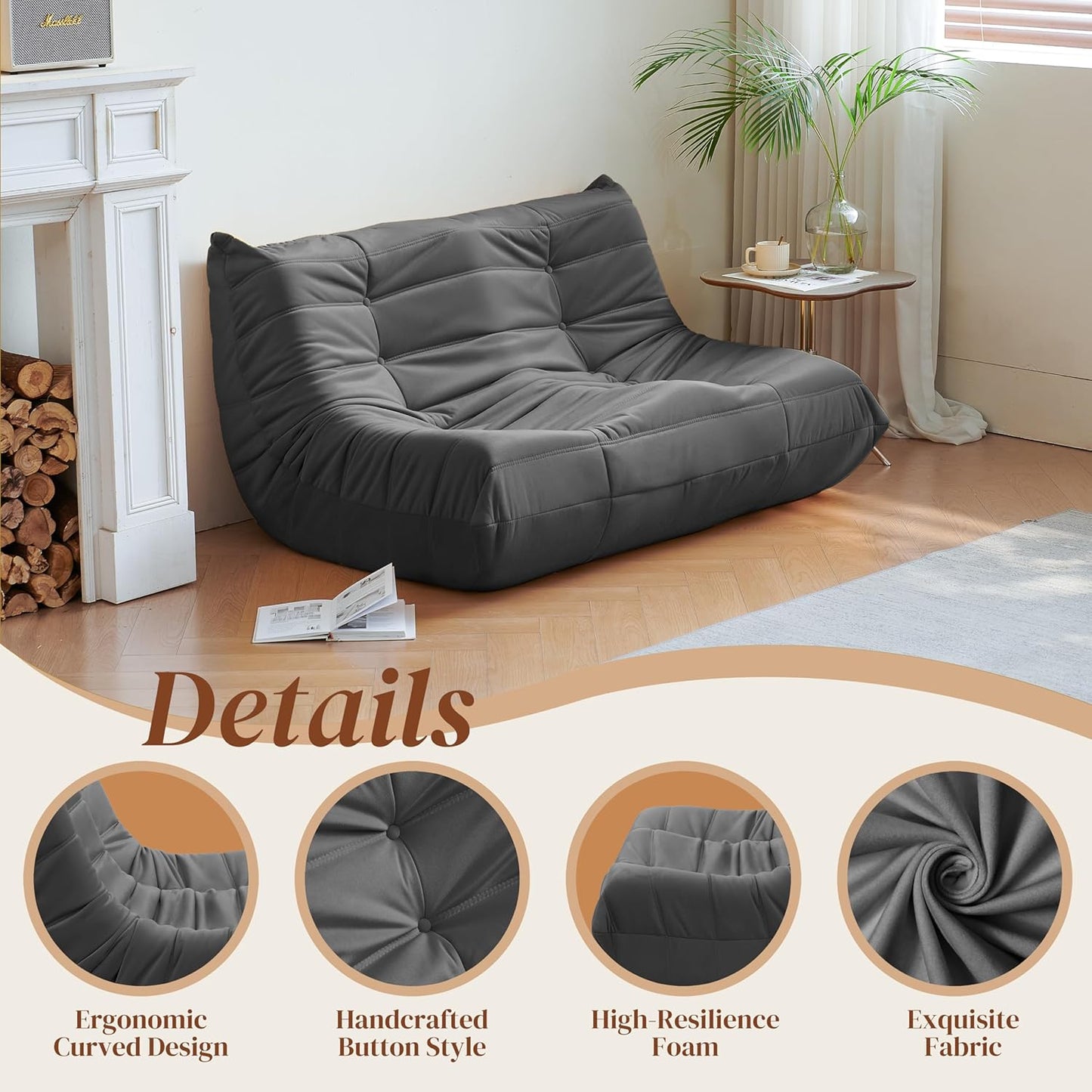 Bean Bag Chair, Loveseat Fireside Chair Bean Bag Sofa for Adults, 2 Seater Bean Bag Chairs for Teens with High-Resilience Foam, Memory Foam Bean Bag for Living Room, Bedroom, Office (Suede, Dark Gray)