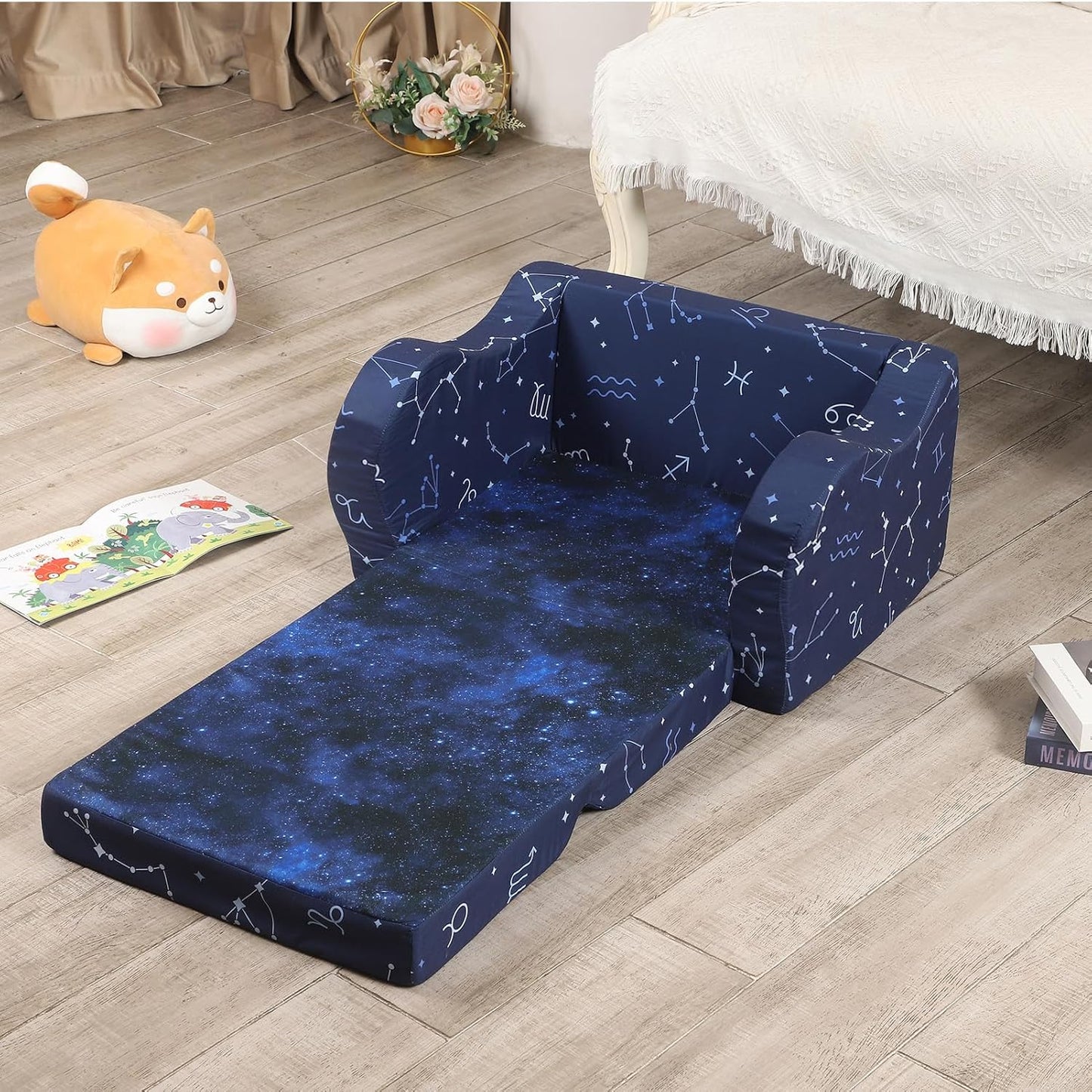 Constellation Kids Sofa, 2-in-1 Kids Couch Fold Out, Convertible Sofa to Bed for Girls and Boys