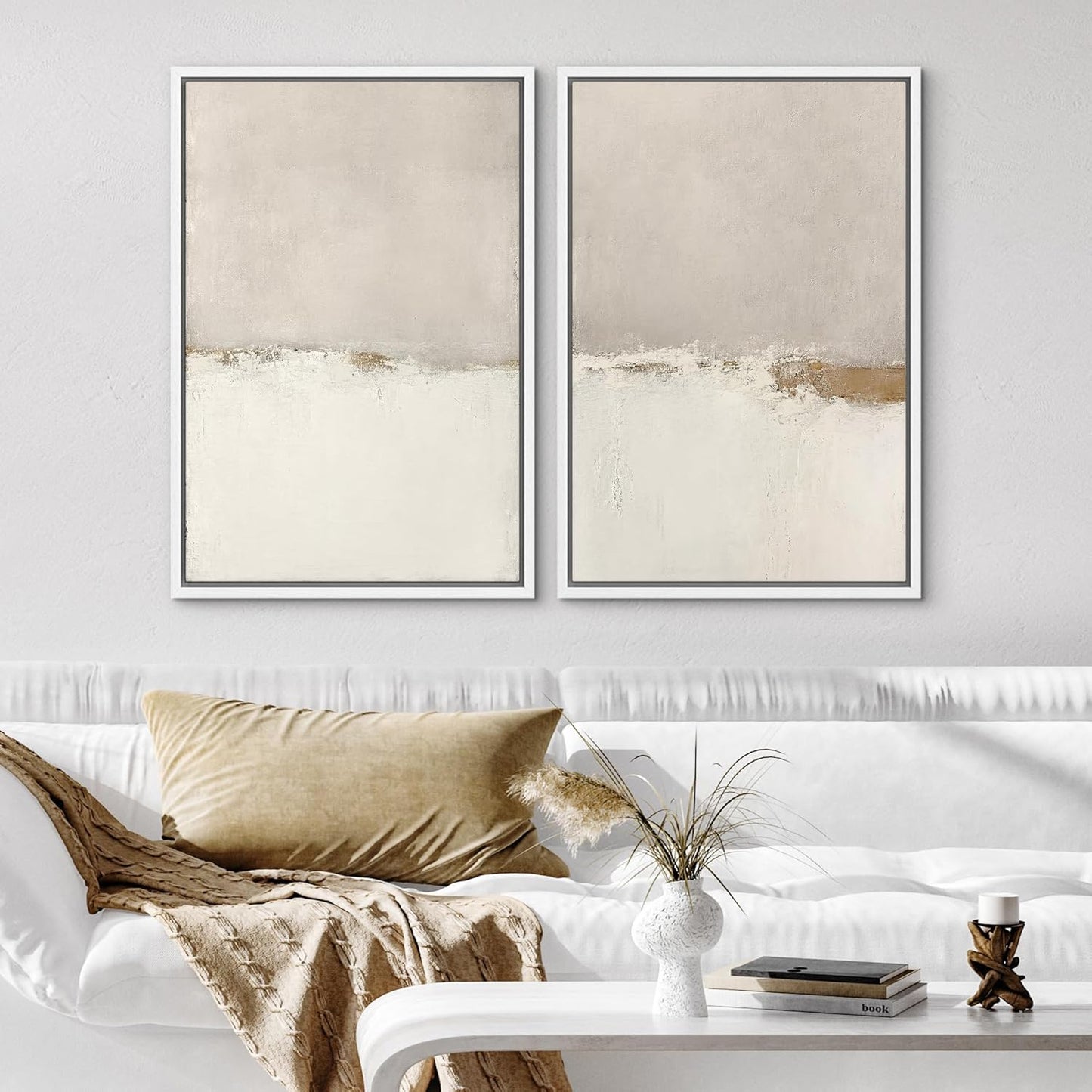 SIGNWIN Framed Canvas Print Wall Art Beige Gray Paint Strokes Abstract Grunge Landscape Prints Modern Art Minimalist Neutral Decor for Living Room, Bedroom, Office - 24"x36"x2 White