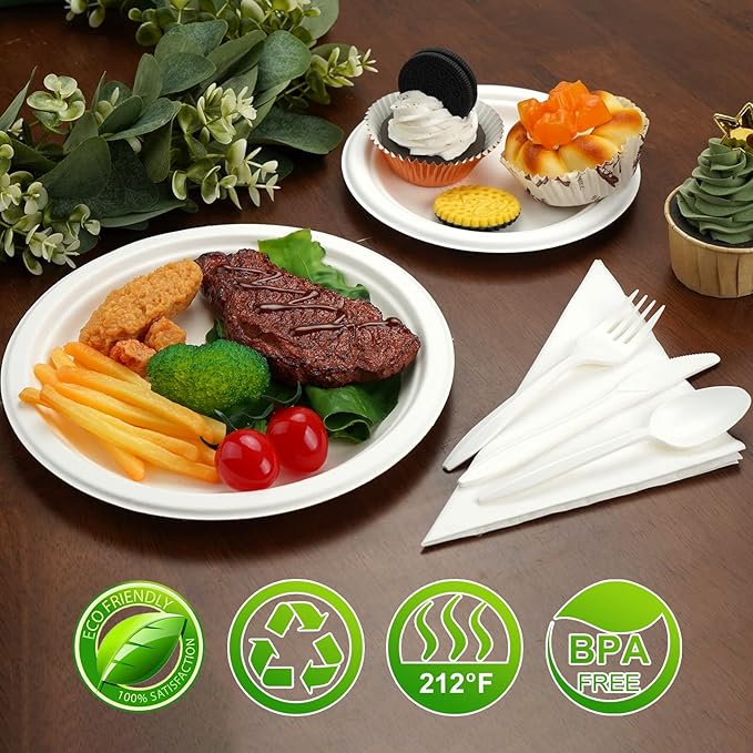 300Pcs Compostable Paper Plates Set, Eco-friendly Heavy Duty Plates & Biodegradable Utensil Include Forks,Knives,Spoons, Napkins, Disposable Dinnerware Set for Party (White)
