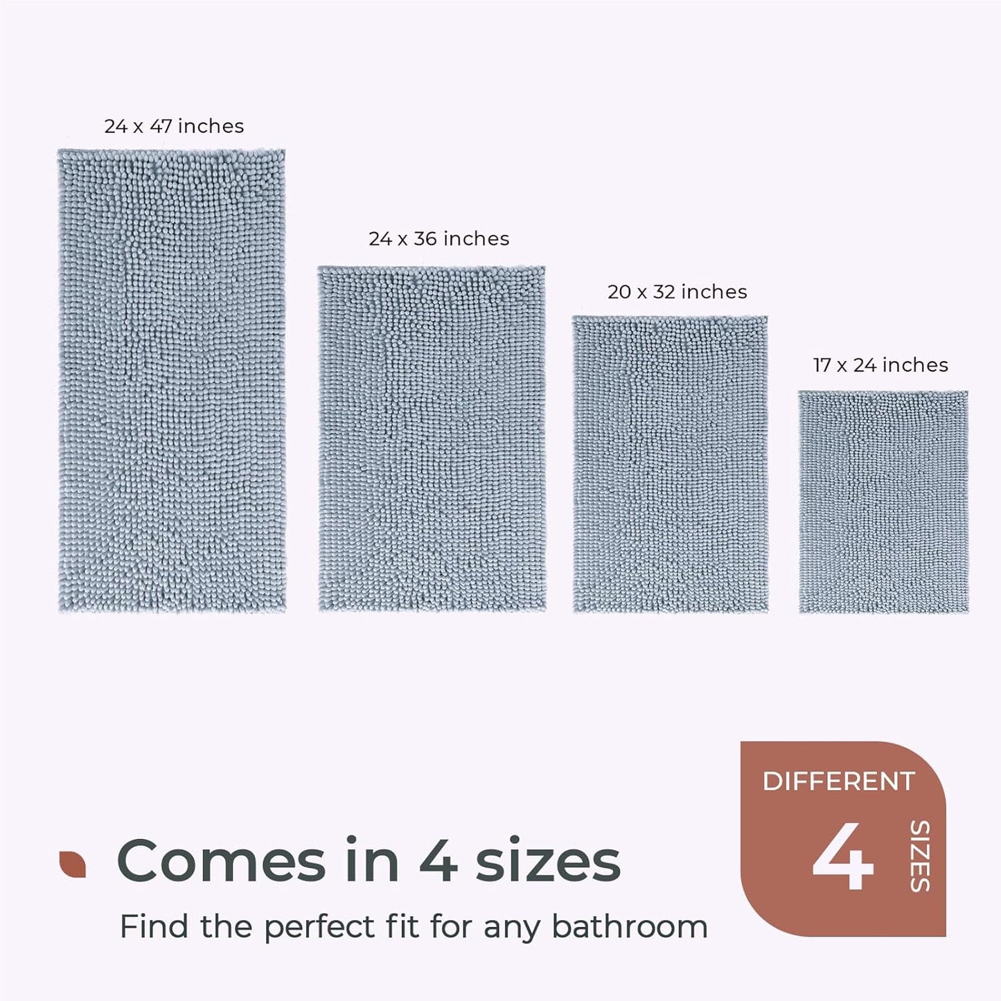 FRESHMINT Chenille Bathroom Rugs Non-Slip Bath Mat 24"x17", Washable Soft Shower Mat, for Bathroom Floor & Tub Fluffy Shag Bath Rugs, Durable Thick Water Absorbent Microfiber Shower Rugs, Sky Gray