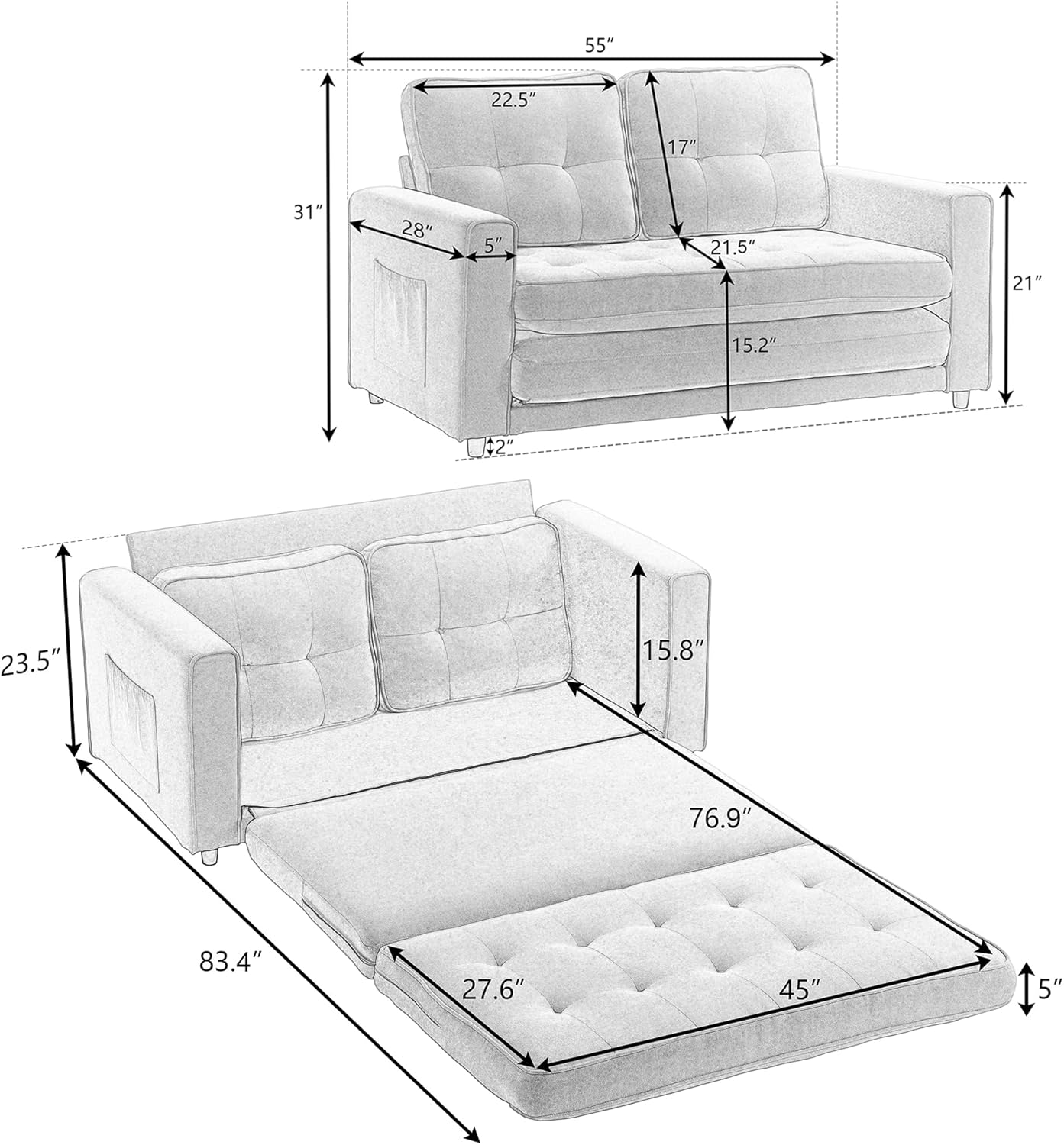 ERYE 3 Fold Tufted Upholstered Futon Sofa Bed Modern Convertible Foldable Floor Loveseat Sofabed with Pull Out Sleeper Couch Daybed W/Side Pockets for Living Room