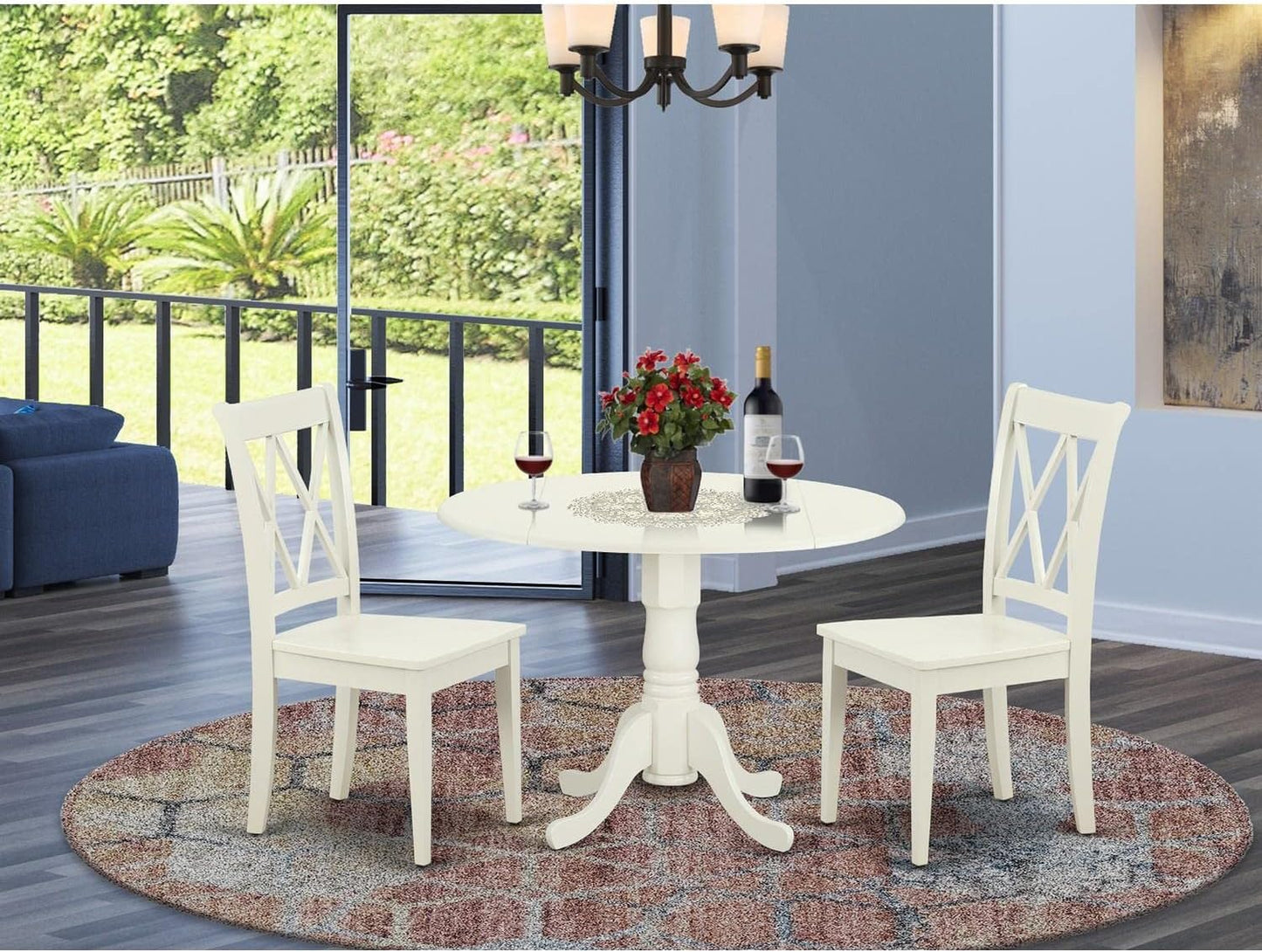 East West Furniture DLCL3-LWH-W 3 Piece Dining Room Table Set Contains a Round Dining Table with Dropleaf and 2 Wood Seat Chairs, 42x42 Inch, Linen White