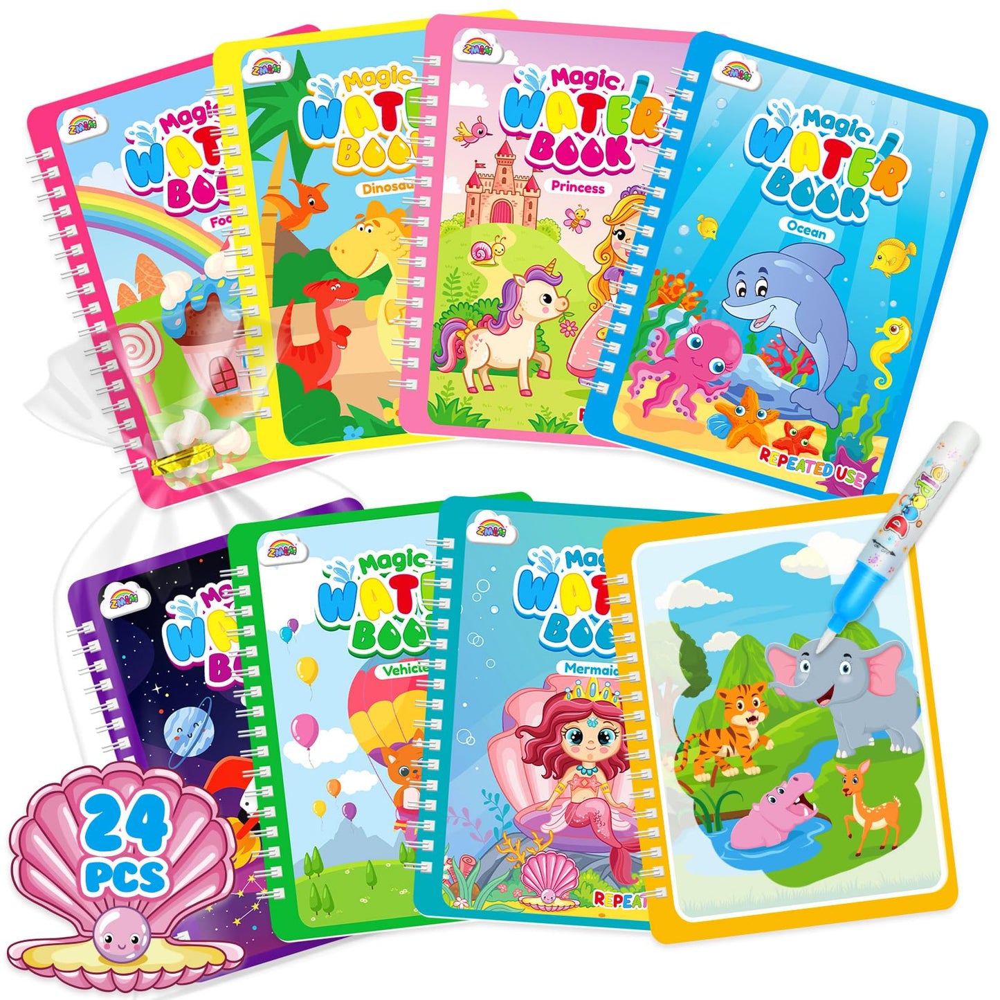 ZMLM 24 Pack Water Coloring Books for Toddlers, Reusable Paint with Water Books with Pen, Mess Free Magic Doodle Party Favors Bulk for Kids Ages 3-8 Boys Girls