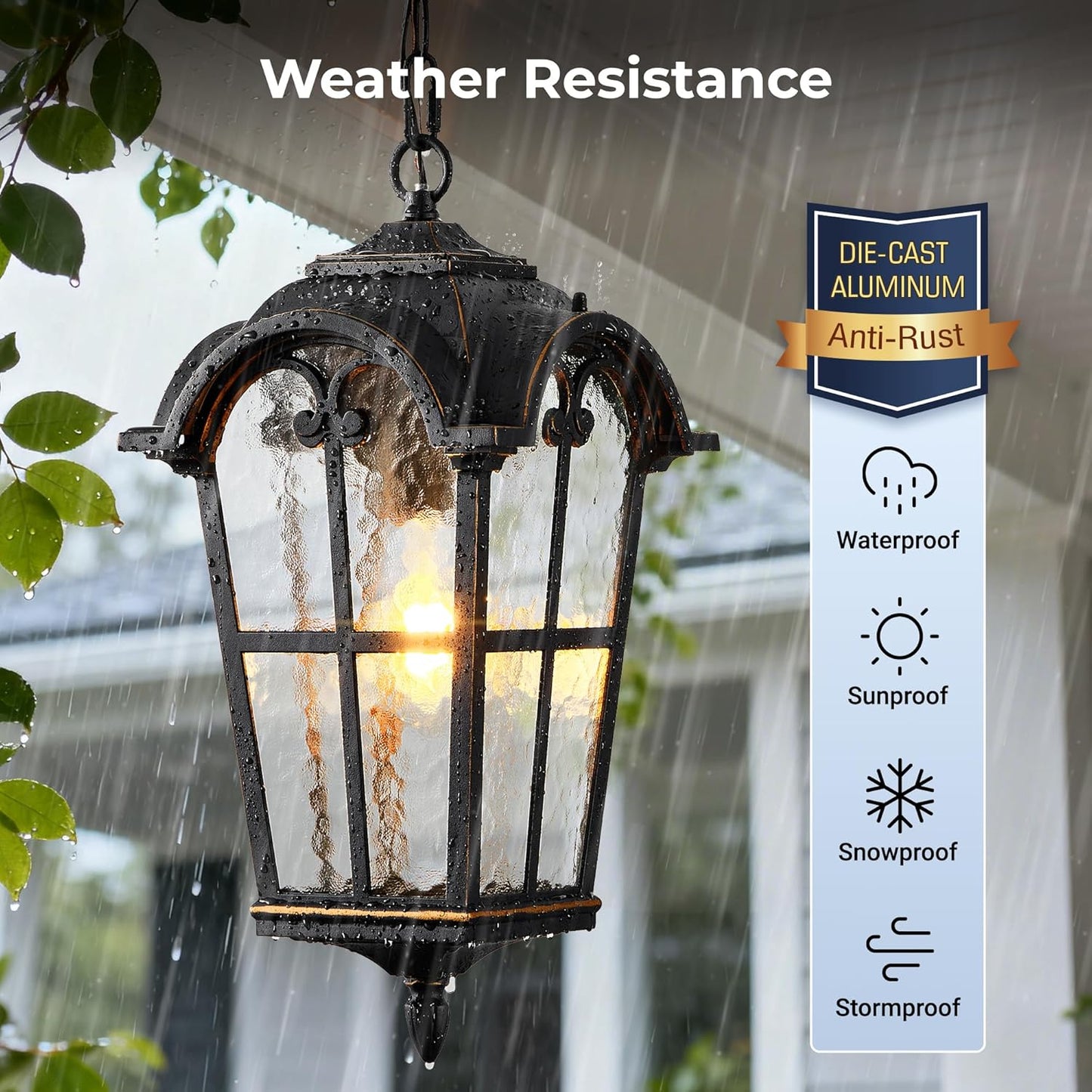 VIANIS Black Large Outdoor Pendant Light, Vintage Outdoor Chandelier with Gold Trim, Outside Hanging Light for Porch, Doorway, Entryway, 100% Aluminum, Anti-Rust
