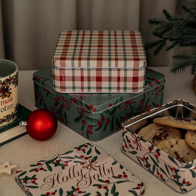 Steel Mill & Co Tin Containers with Lids, 3 Pack Christmas Cookie Tins, Festive Cookie Tins for Gift Giving & Holiday Treats, Square Metal Nesting Containers (Holly Jolly)
