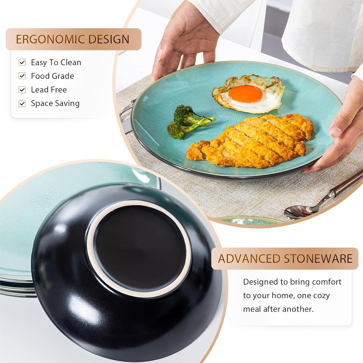 Plates and Bowls Sets for 4 - CJDC-QUELO 16-Piece Stoneware Dinnerware Sets, Ceramic Dishware Set for Kitchen Use and Formal Dining, Chip and Scratch Resistant Microwave Dishwasher Safe, Green