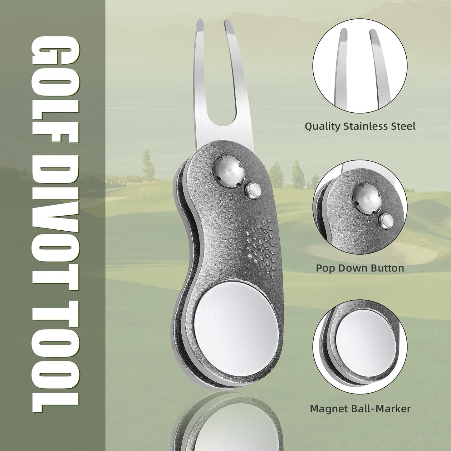 Mile High Life Golf Divot Repair Tool, All Metal Foldable Divot Tool with Pop-up Button & Magnetic Ball Marker