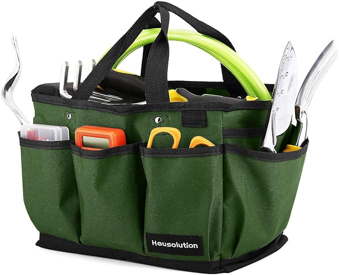 Housolution Gardening Tote Bag, Deluxe Garden Tool Storage Bag and Home Organizer with Pockets, Wear-resistant & Reusable, 12 Inch, Dark Green
