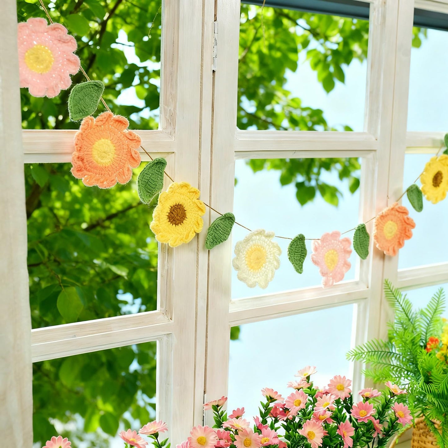 OBBOLO Handmade Crochet Flower Garland, Felt Flower Garland for Girl Nursery Decor, Daisy Garland for Birthday Party, Boho Room Wall Hanging Decoration, Girl 1st Birthday Decor