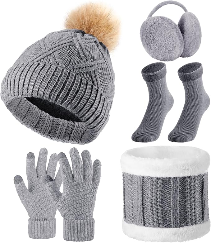 SATINIOR 5 Pcs Winter Hat Scarf Gloves Set Fleece Warm Lined Knit Beanie Hat Touch Screen Earmuff Gloves Warmer for Women(Grey,Stylish Style)