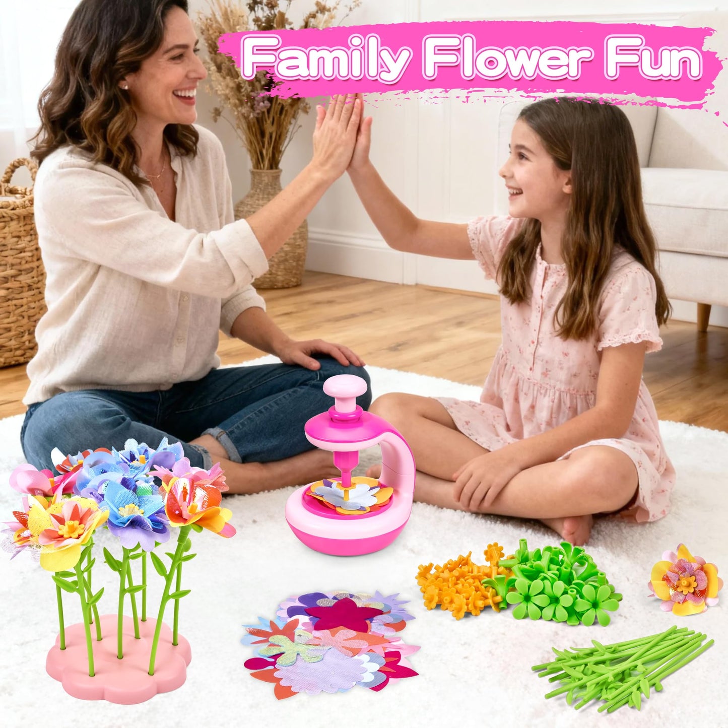 Flower Craft Kit for Kids, DIY Make Your Own Flower Bouquet Set with Reusable Felt Flowers, Arts and Crafts Gift for Girls Boys Ages 4-10