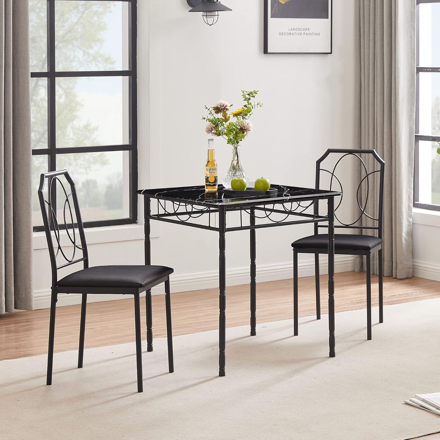 VECELO 3 Piece Dining Table Set for 2, Dinette with Chairs for Kitchen, Breakfast Nook, Small Space,Easy Assembly