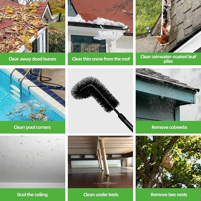 13 FT Gutter Cleaning Tool, Roof Gutter Brush, Clear Leaves from Roof Gutters Without a Ladder, Includes 2 Cleaning Brushes & Black