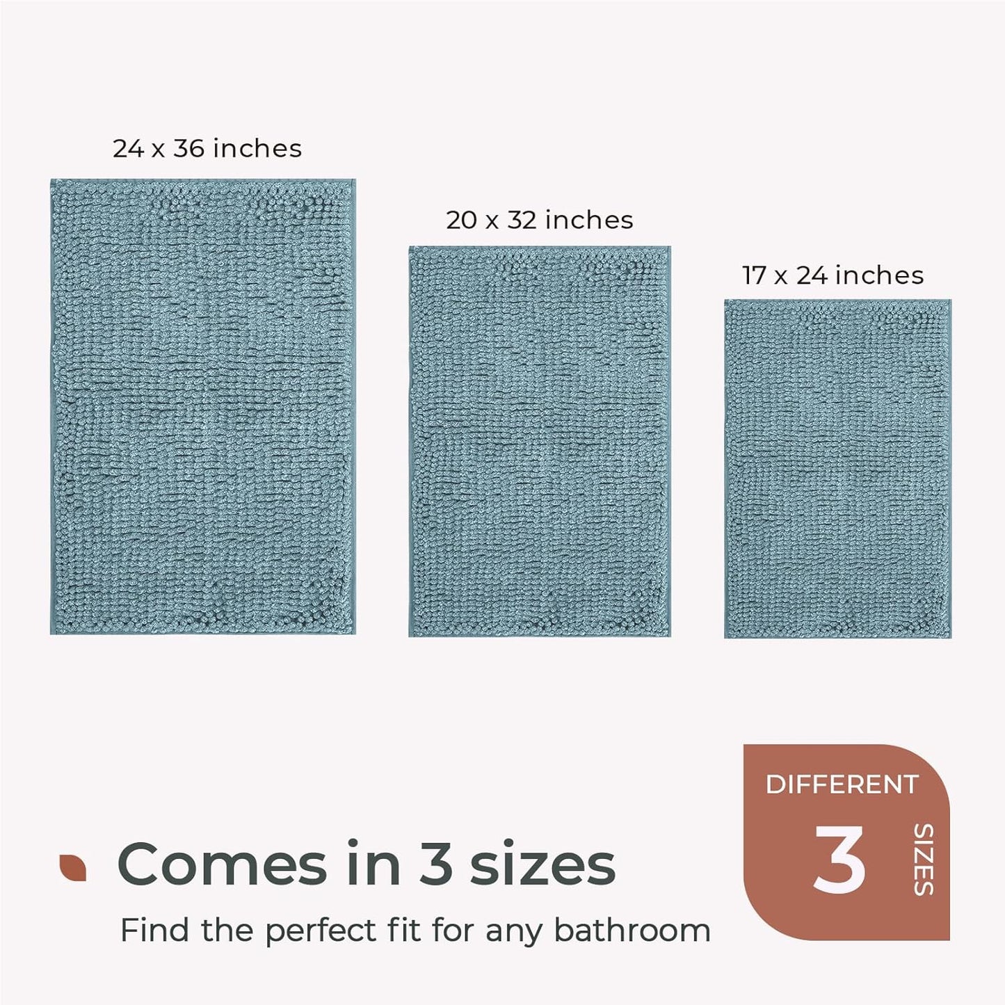FRESHMINT Chenille Bathroom Rugs Mat 24"x17", Non-Slip Bath Mat for Bathroom Floor & Bathtub, Washable Shower Shag Bath Rugs, Soft Fluffy Thick Water Absorbent Microfiber Shower Mat, Aqua Heather