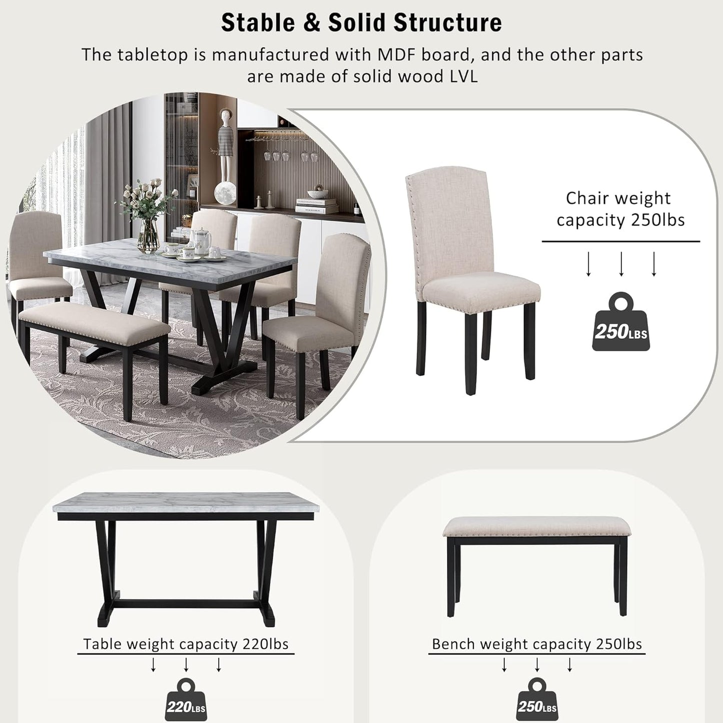 6 Pieces Dining Table Set with 60" Rectangle Marbled Veneers Tabletop Kitchen Desk,Living Room Furniture W/ 4 Chairs & 1 Bench,for Restaurant,Home Bistro,White
