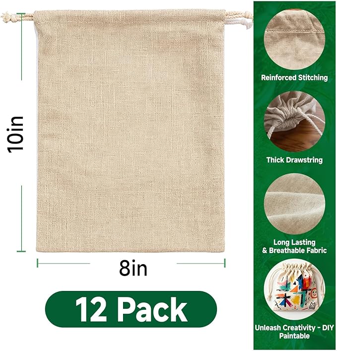 Simple&Opulence 12-Pack 8” x 10” Linen Cotton Drawstring Bags Reusable Grocery Sacks, DIY Craft Sachet Sacks Storage Cloth Bags for Party Wedding Home Bulk Produce Bags, Washable, Natual Linen