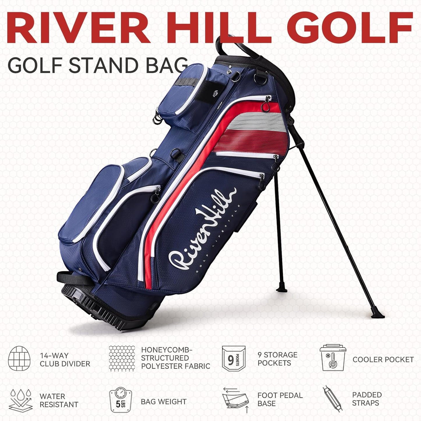 14 Way Golf Stand Bag, Lightweight Golf Bags w/Full-Length Dividers, 9 Pockets, Padded Strap, Cooler Pocket, High-Tech Zippers, Rain-Hood, Free Shoe Bag for Men & Women
