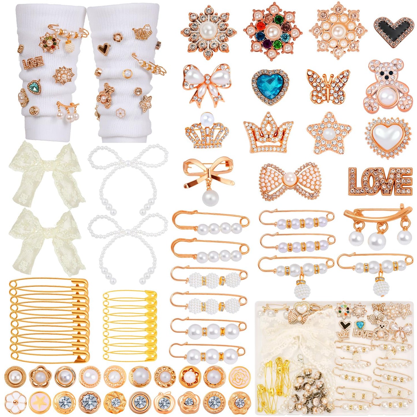 LovelyMoon 70 Pcs Junk Socks Charms Kit, Gold Brooches and Pins for Women, Pearl and Rhinestone Sock Charms with Safety Pins, DIY Accessories for Decorating and Personalizing Socks
