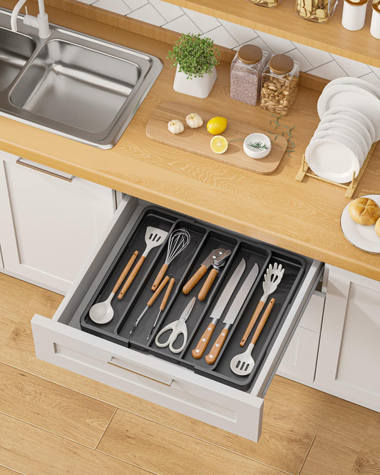 Aujen Silverware Organizer - Expandable Kitchen Drawer Organizer, Adjustable Utensil Organizer, Cutlery Tray for Forks, Knives, Multipurpose Kitchen Organizers and Storage Solution, Black, X-Large