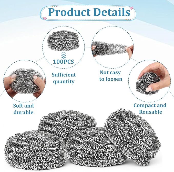 SHENLIU 100 Pieces Stainless Steel Scrubber Bulk, 15 Gram Metal Scourers Scourers Steel Wool Scrubbers for Cleaning Kitchen Bathroom Household and More