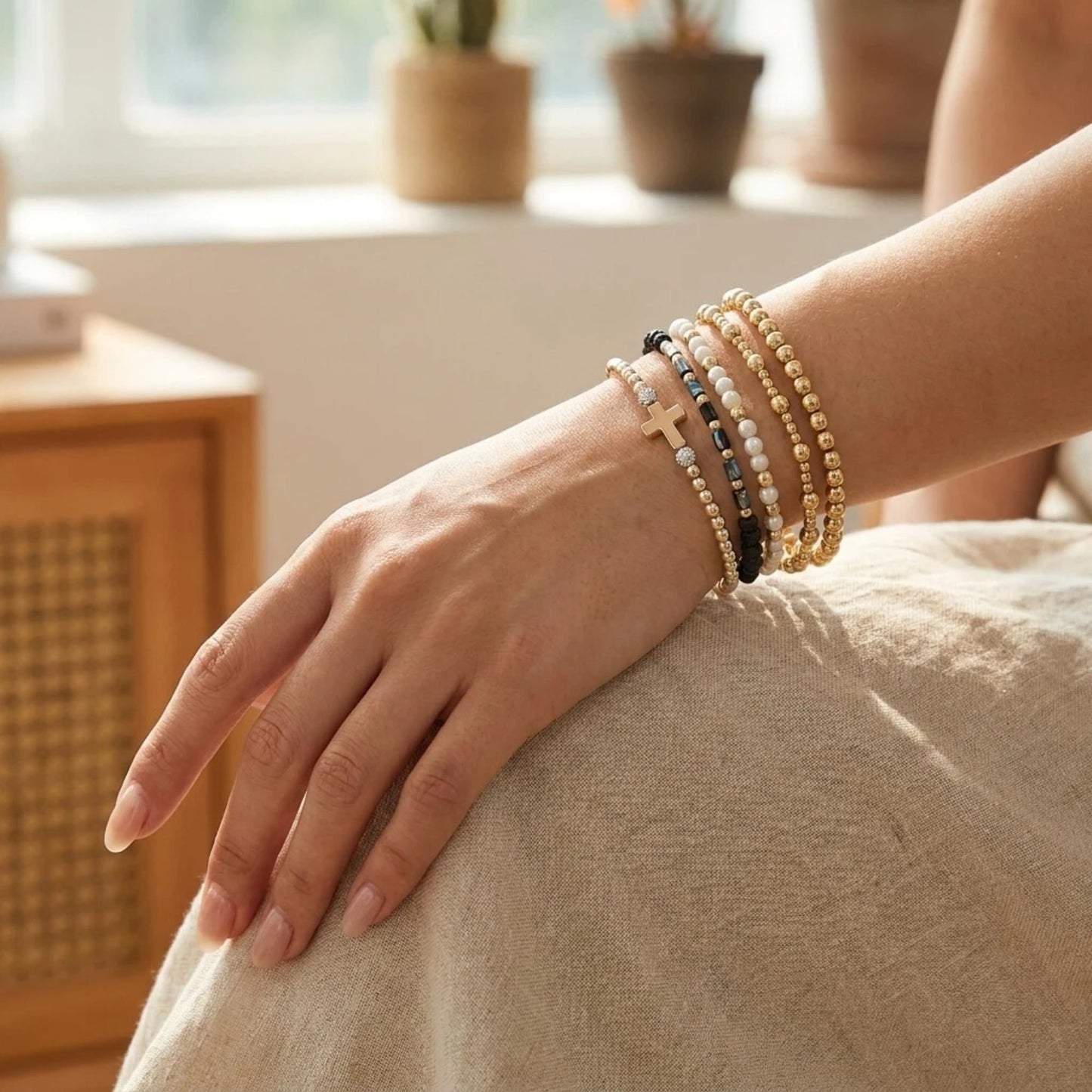 NoctisNest 6 Pcs Layered Cross Bracelet for Women, Black Gold Stackable Pearl Beaded Bracelets for Her Mom Girlfriend, Dainty 14K Gold Plated Bracelet Set for Mothers Day Gifts
