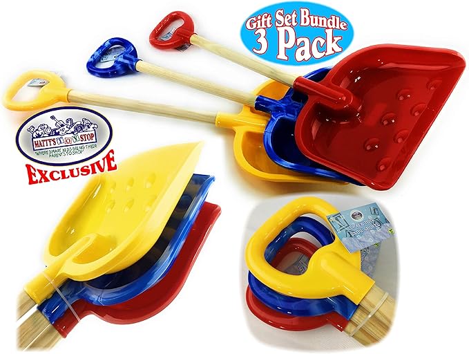 Matty's Toy Stop 28" Heavy Duty Wooden Snow Shovels with Plastic Scoop & Handle for Kids Red, Yellow & Blue Swirl Gift Set Bundle - 3 Pack