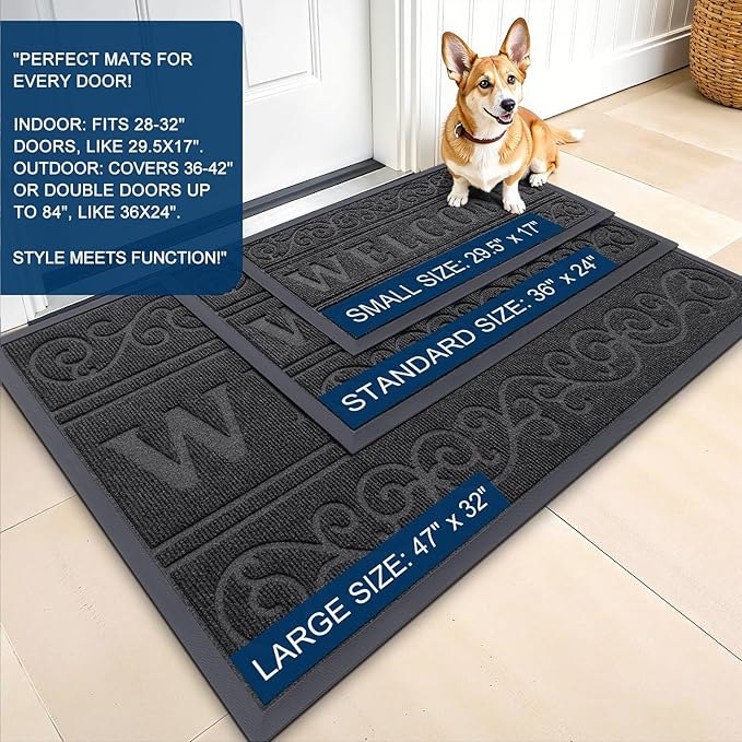 OLANLY Welcome Door Mat Indoor Outdoor Entrance, Heavy Duty Sturdy Front Door Mat, Waterproof All-Weather Doormat, Stain Resistant, Low Profile, Easy Clean Patio Entryway Mat, 59 x 35, Black