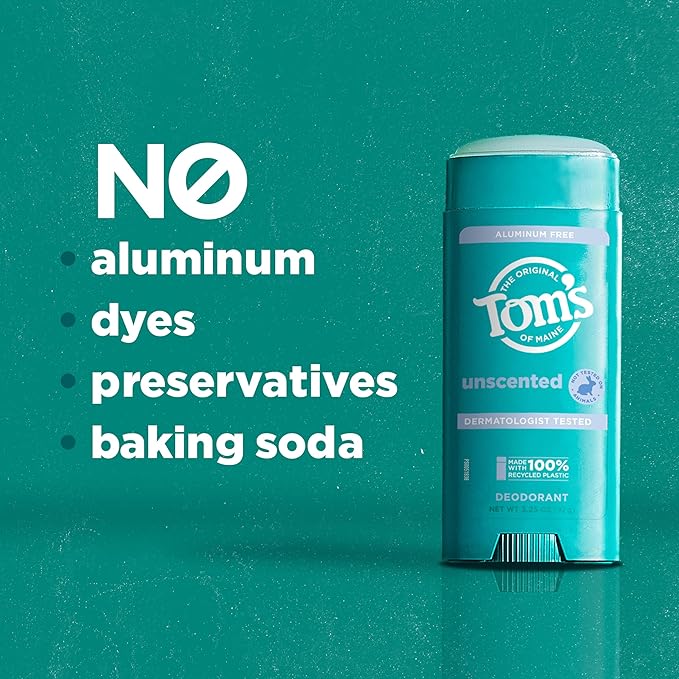 Tom’s of Maine Unscented Aluminum Free Natural Deodorant For Women & Men | Goes on Clear | Odor & Wetness Protection | Naturally Derived and Moisture-Locking Ingredients | 3.25 oz (2 Pack)