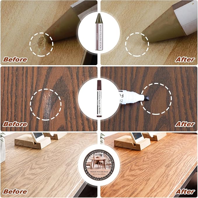 SEISSO Furniture Markers Touch Up, 25 Pcs Wood Furniture Repair Kits, Wood Markers and Wax Sticks with Wax Oil for Scratches Stains Cover-Ups Hardwood Wooden Floors Tables Cabinet Bedposts