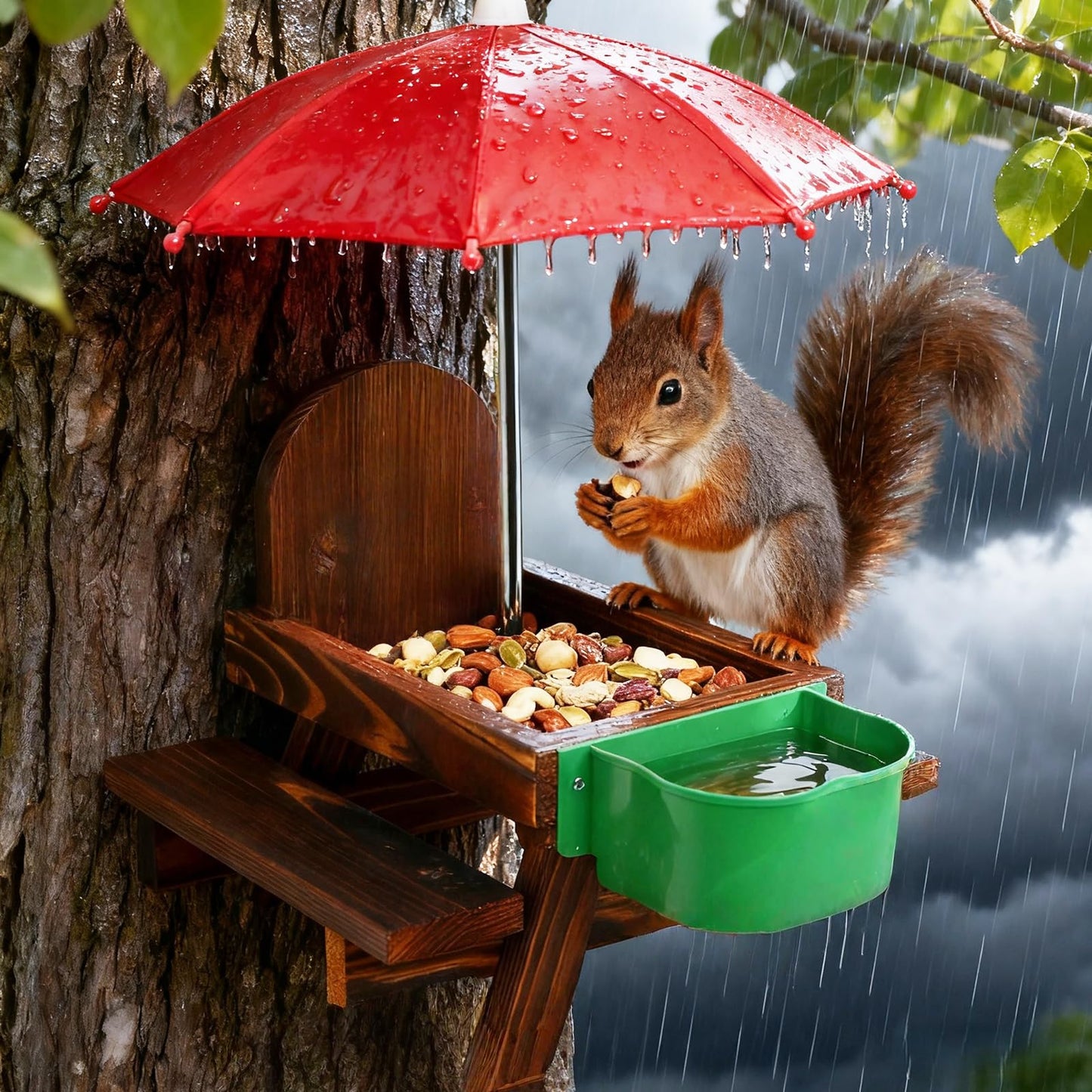 Vigormar Squirrel Feeders for Outside, Squirrel Picnic Table with Water Bowl, Corn Cob Holder and Umbrella, Squirrel Feeder with Ground Stake for Garden, Yard and Outdoor(Dark Brown)