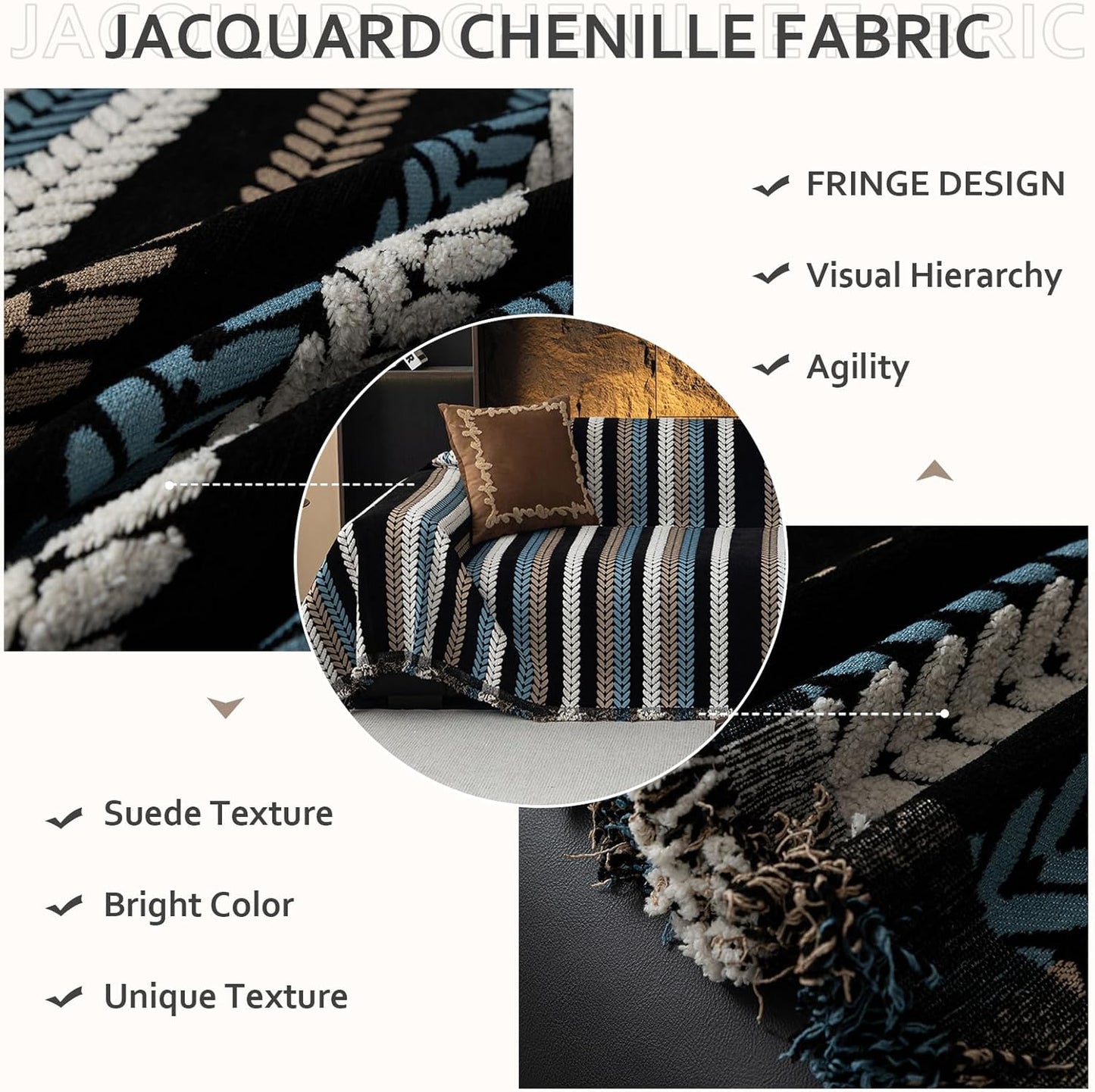 STACYPIK Boho Chenille Sofa Cover, Soft Jacquard Leaves Couch Cover, Non-Slip Loveseat Cover for Sectional Sofa, Washable Pet Protector for 3 Cushion Couch,Multi-use Vintage Throw Slipcover-71x150IN
