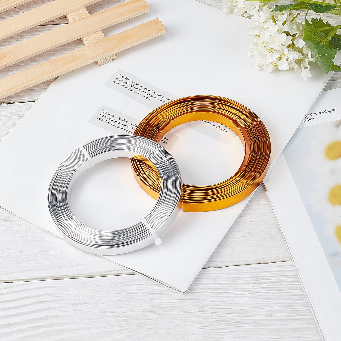 BENECREAT 2 Rolls 33 Feet Gold Sliver Flat Jewelry Craft Wire 10mm Wide Aluminum Wire for Bezel Jewelry Making, Sculpting, Armature Craft