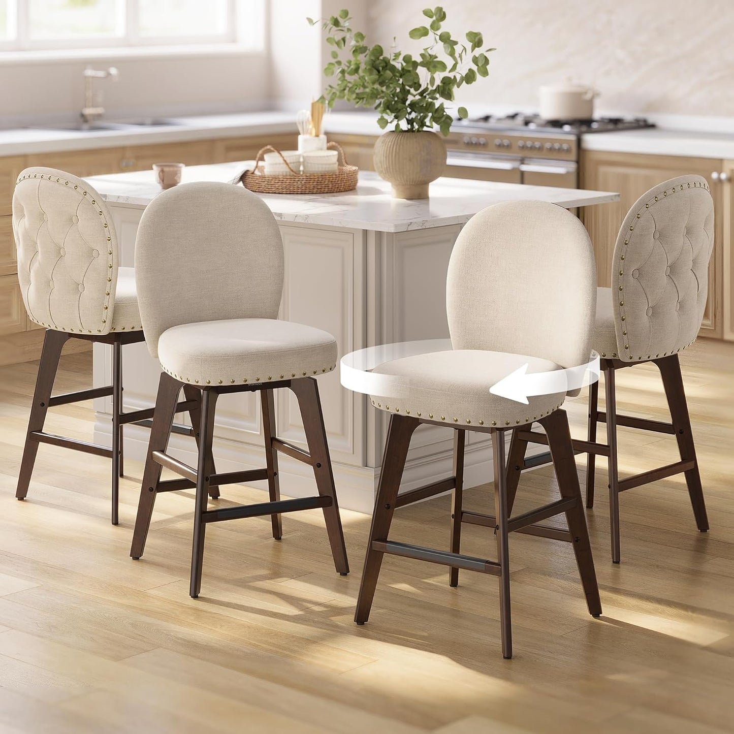 VASAGLE Bar Stools Set of 4, Swivel Counter Height Bar Stools with Back and Wood Legs, Chenille Fabric Upholstered Barstools, 26.2-Inch Tall Counter Barstools for Kitchen Island, Cappuccino Beige