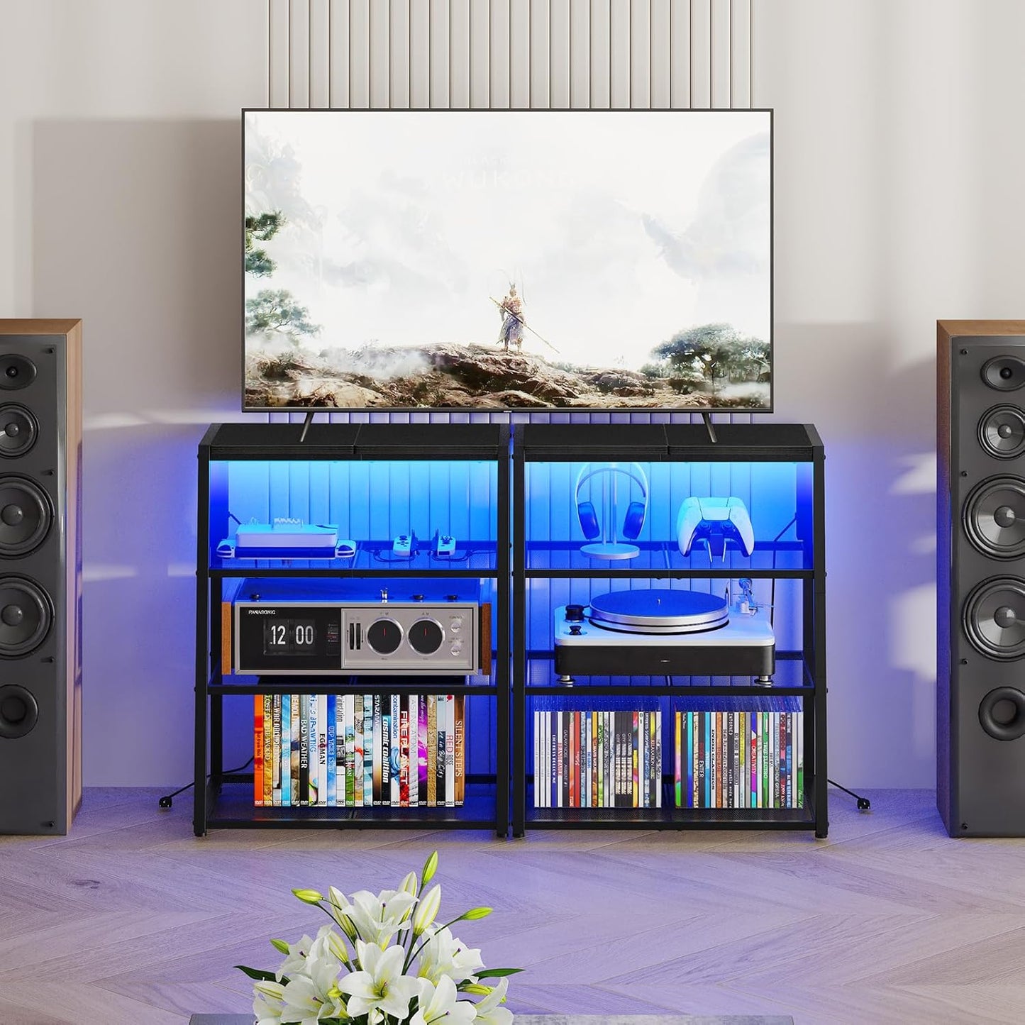 HOOBRO 4-Tier AV Media Stand with Charging Station and LED Light, Wooden Stereo Cabinet, Corner TV Stand, Rack Audio Tower, Corner Entertainment Center, Black BB107UDCJ01