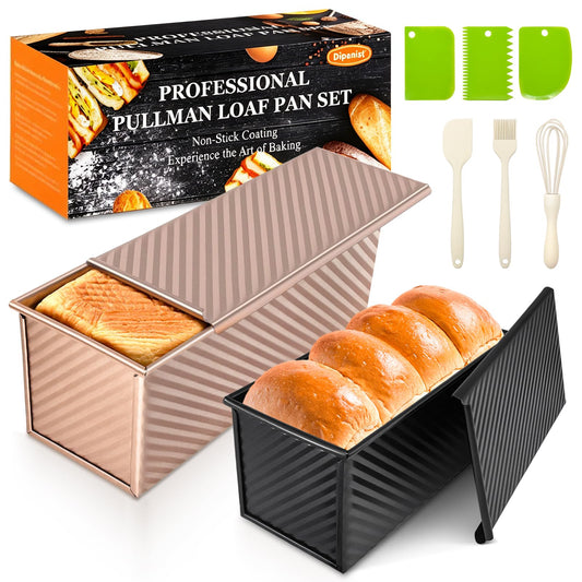 Dipanist 2Pack Pullman Loaf Pans with Lids – 2.2 LB & 1 LB Dough Capacity, Non-Stick Carbon Steel Bread Pans for Homemade Sandwich and Sourdough Bread, Corrugated Toast Mold