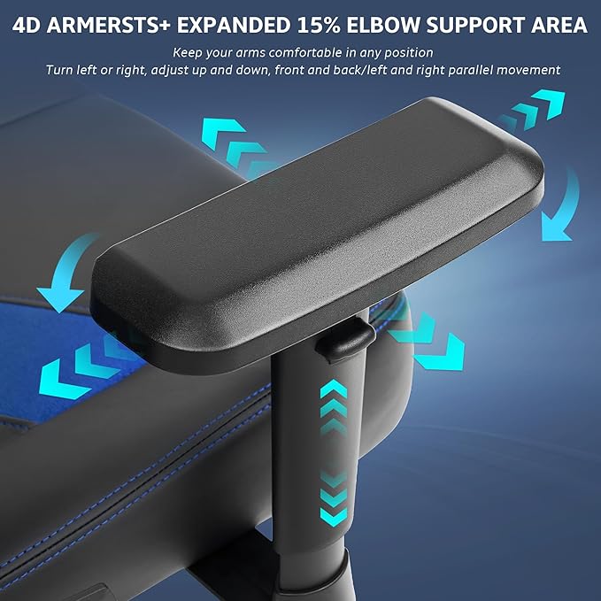 Ergonomic Gaming Chair, Computer Desk Chairs, 4D Armrests, High Back Office Chair with Headrest & Lumbar Pillow, Tilt Rocker Recliner, Heavy-Duty Base, Black PU Leather & Blue Suede Combo