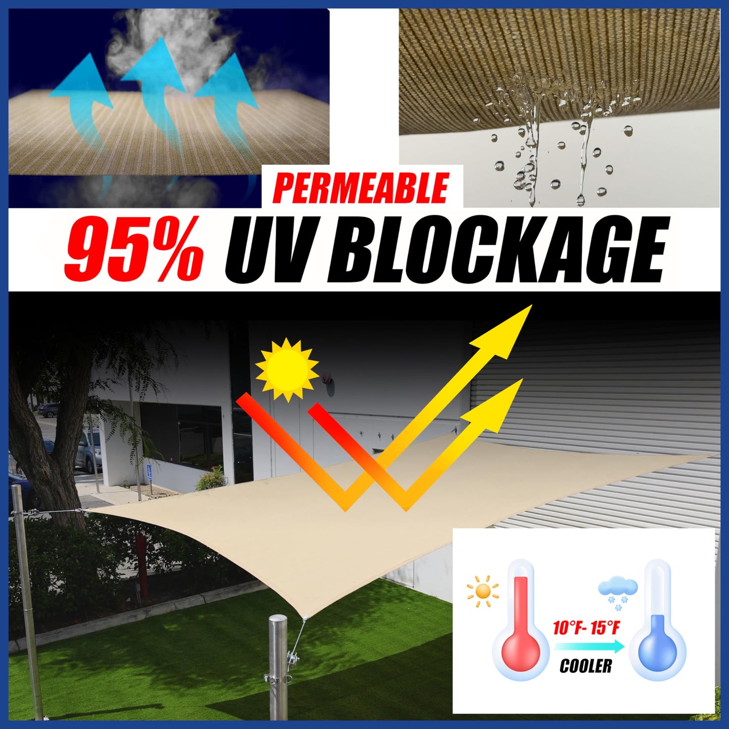 ShadeMart 16' x 16' Beige Sun Shade Sail Square Canopy Fabric Cloth Screen, Water and Air Permeable & UV Resistant, Heavy Duty, Carport Patio Outdoor - (We Customize Size) SMSL