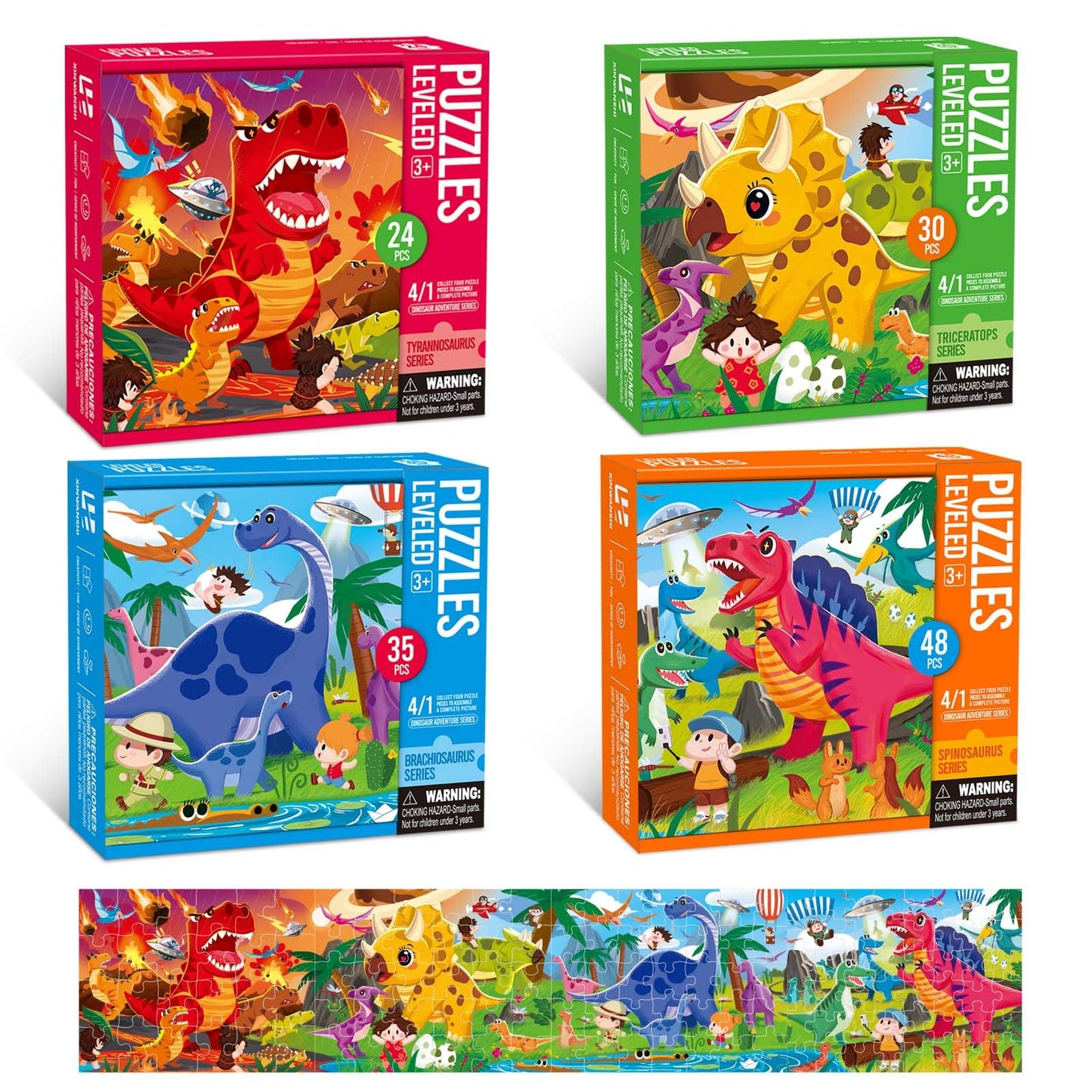 Dinosaur Puzzles for Kids Ages 3-8，4 Pack Progressive Jigsaw Puzzles (24/30/35/48 Pieces) for Toddlers & Children，Educational Floor Puzzles for Gifts